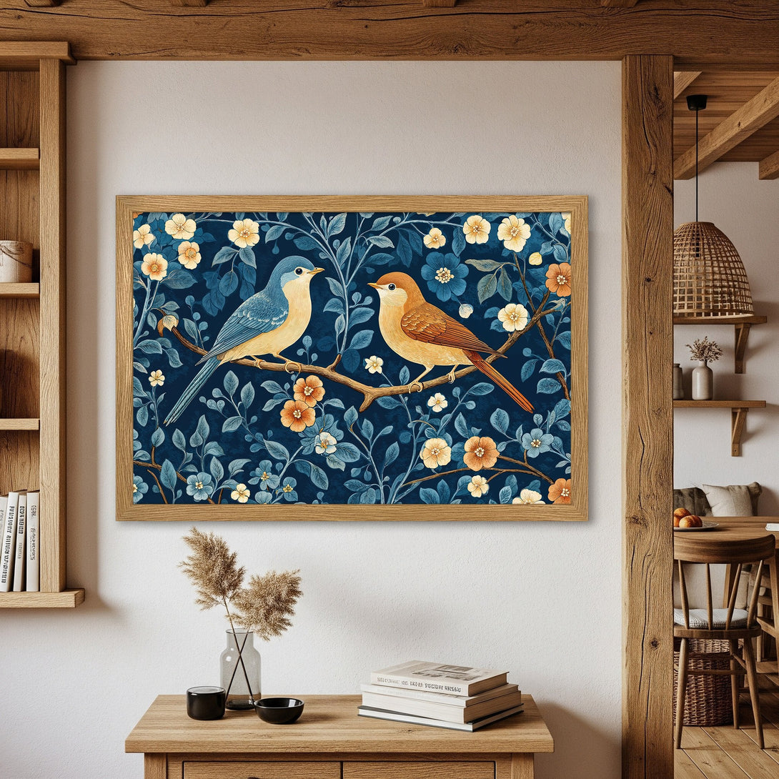 Framed Poster featuring birds & floral design in a botanical style with a navy, orange, and blue color palette. Perfect wall art!
