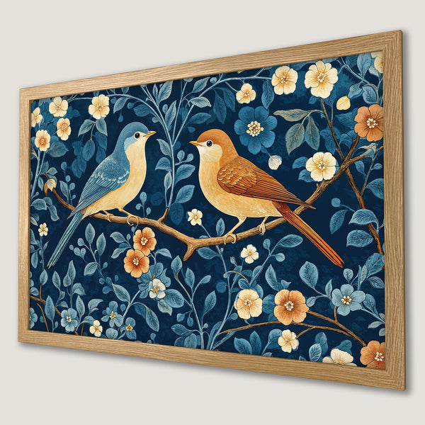 Framed Poster featuring birds on a branch with a floral design. Vintage style with a blue, orange, and yellow color palette. Perfect wall art!