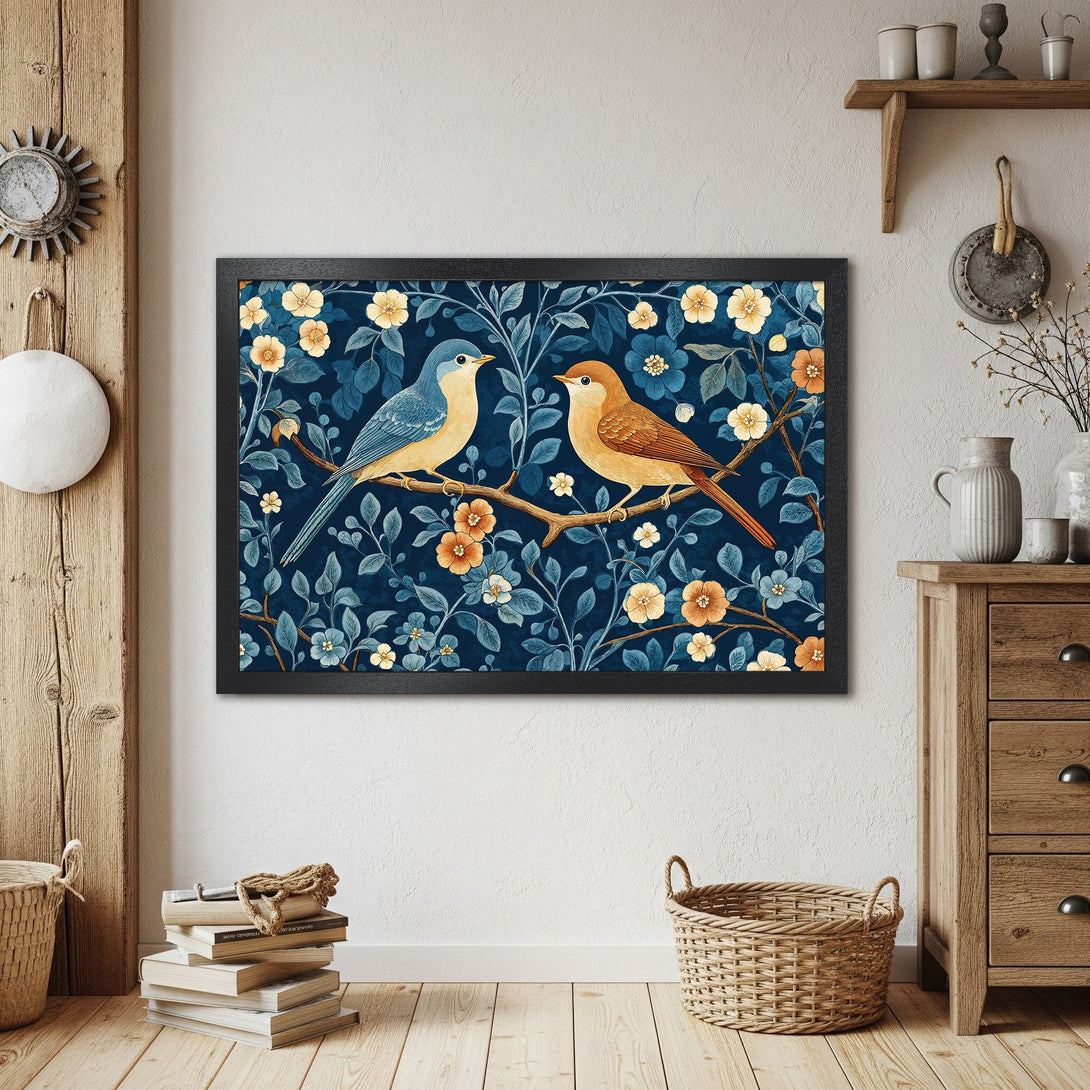 Framed Poster featuring birds on a branch with floral details. Vintage style art in blue, yellow, and orange hues. Perfect wall decor.