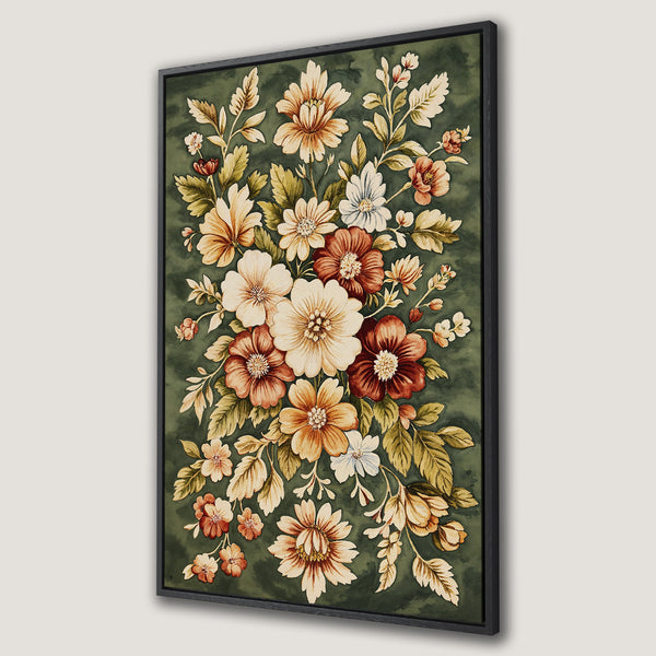 Framed Wall Art featuring a vintage floral bouquet in warm tones against a deep green background. Perfect for adding a touch of elegance to any space.