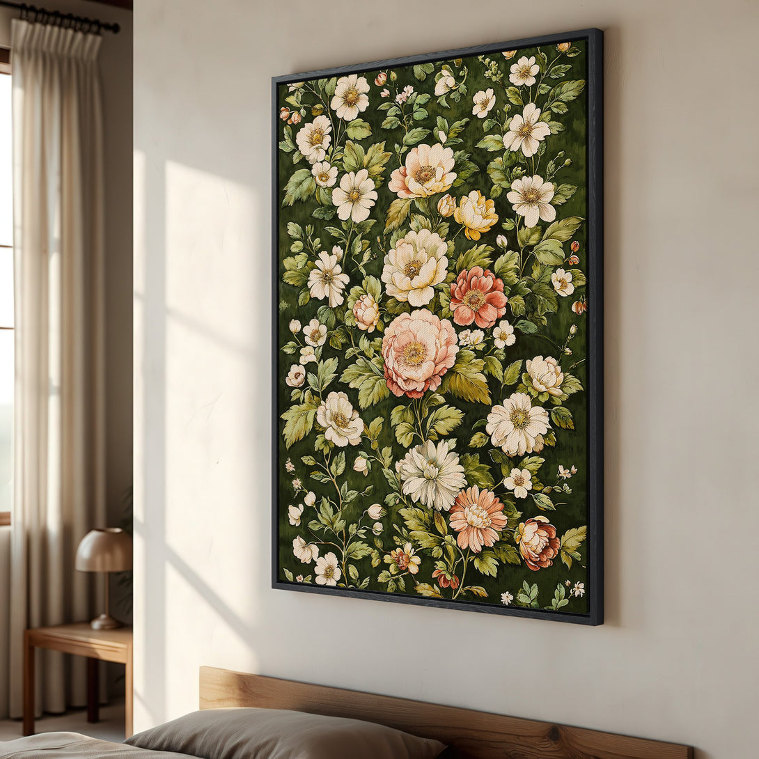 Framed Wall Art featuring a vintage floral design. Elegant botanical print with a dark green background and soft peach, cream, and yellow blooms. Perfect for any room!