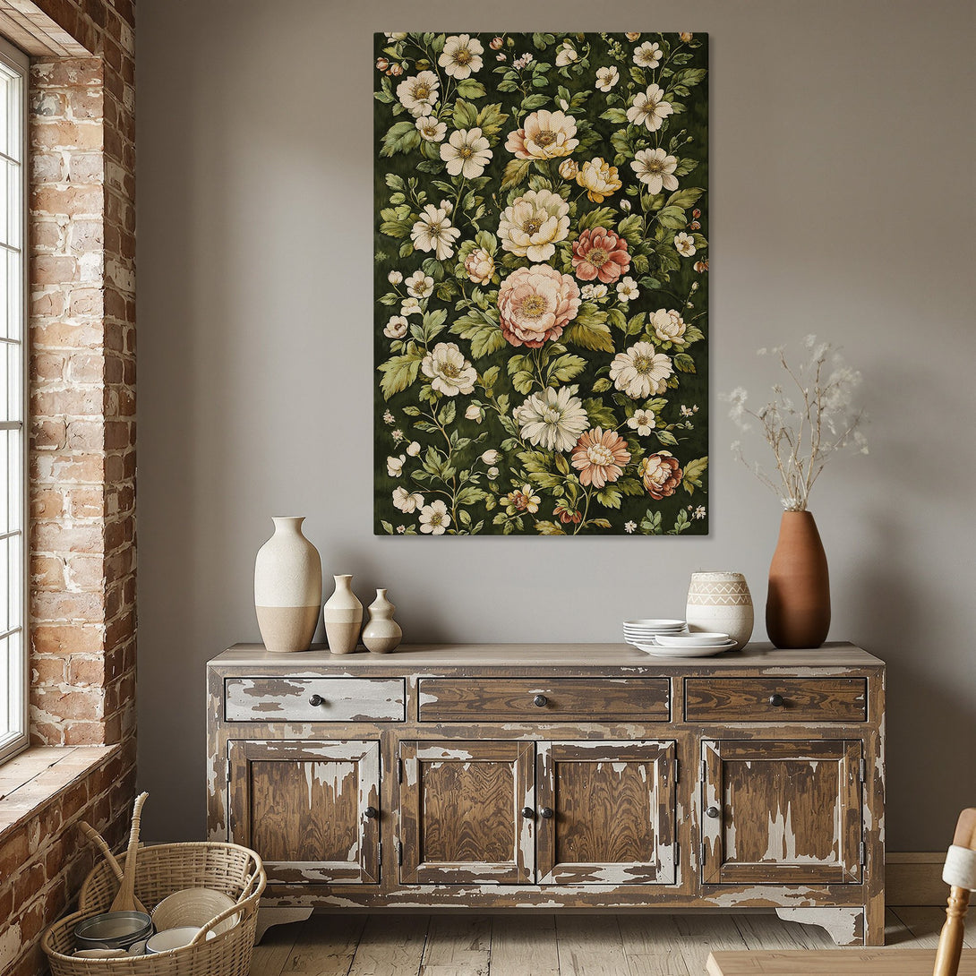 Framed Wall Art featuring a floral botanical design in a vintage style, with a dark green and neutral color palette, perfect for dining room decor.