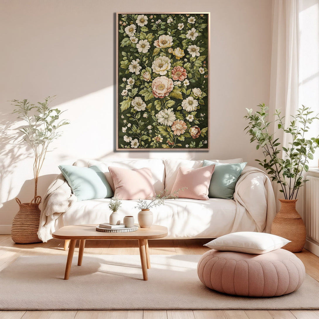 Framed Wall Art featuring a floral design in a vintage style, with a green and blush color palette, displayed in a cozy living room.