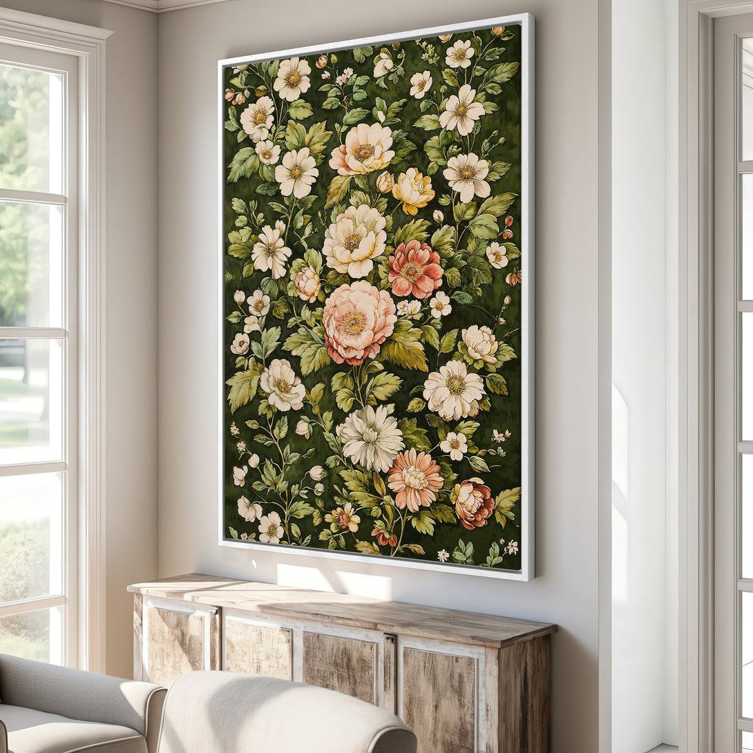 Framed Wall Art featuring a vintage floral pattern in a dark green and muted peach color palette, perfect for adding a touch of elegance to any space.