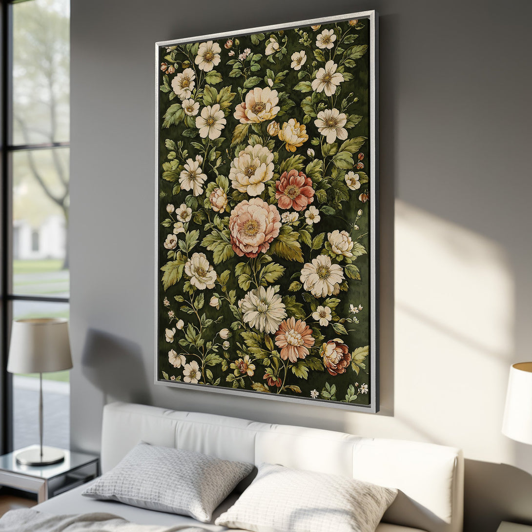 Framed Wall Art featuring a vintage floral design with a dark green background and a palette of cream, peach, and green. Perfect for bedroom decor.