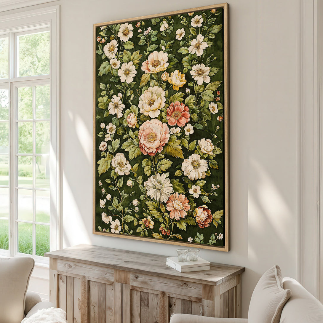 Framed Wall Art: Vintage floral canvas print with a dark green background and a warm, neutral color palette. Perfect for adding a touch of elegance.
