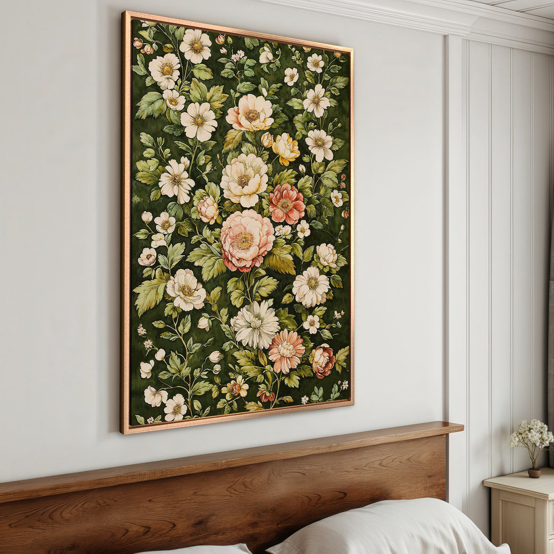 Framed Wall Art featuring a floral design in a vintage style with a green and cream color palette. Perfect for adding elegance to any room.