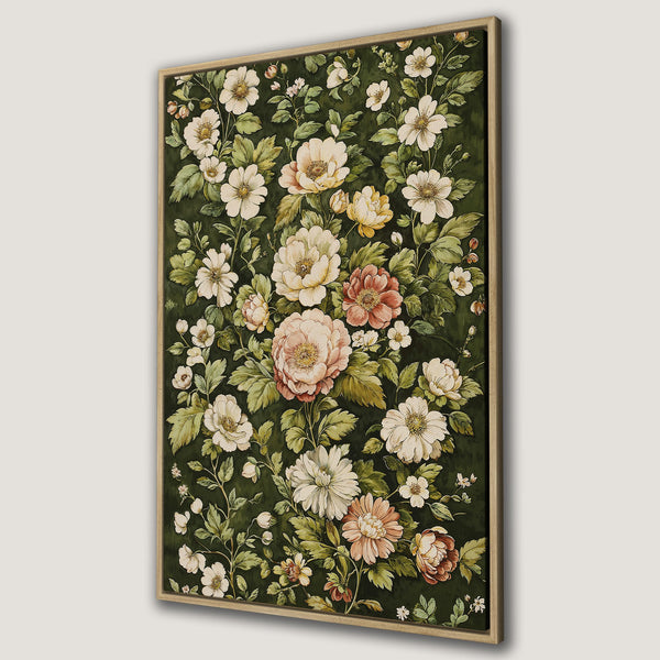 Framed Wall Art featuring a vintage floral pattern in a romantic style. The canvas print showcases a dark green background with cream, peach, and pink flowers.