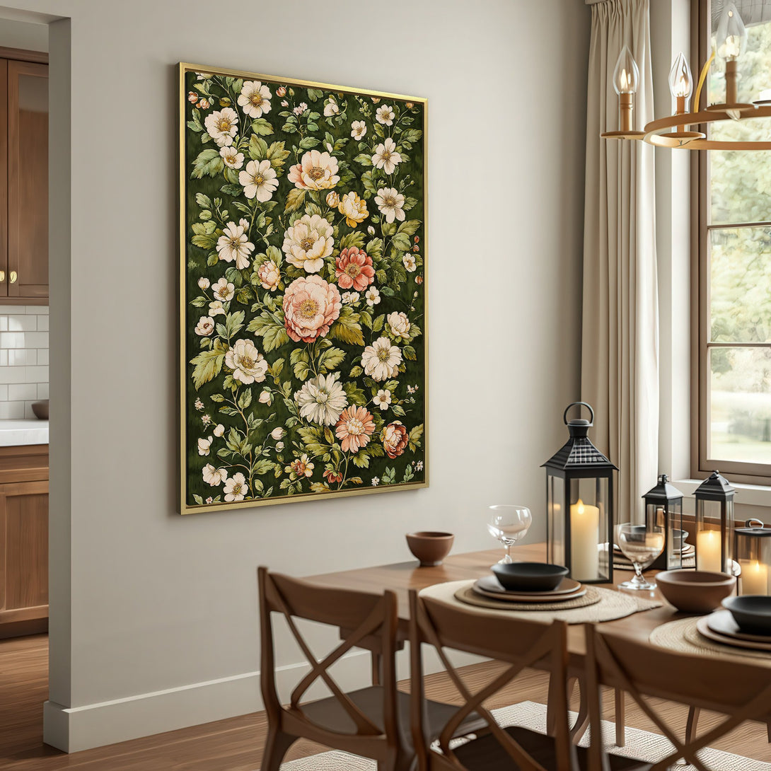 Canvas Print featuring a vintage floral design. Romantic style with a dark green, cream, and blush color palette. Perfect wall art for your home!