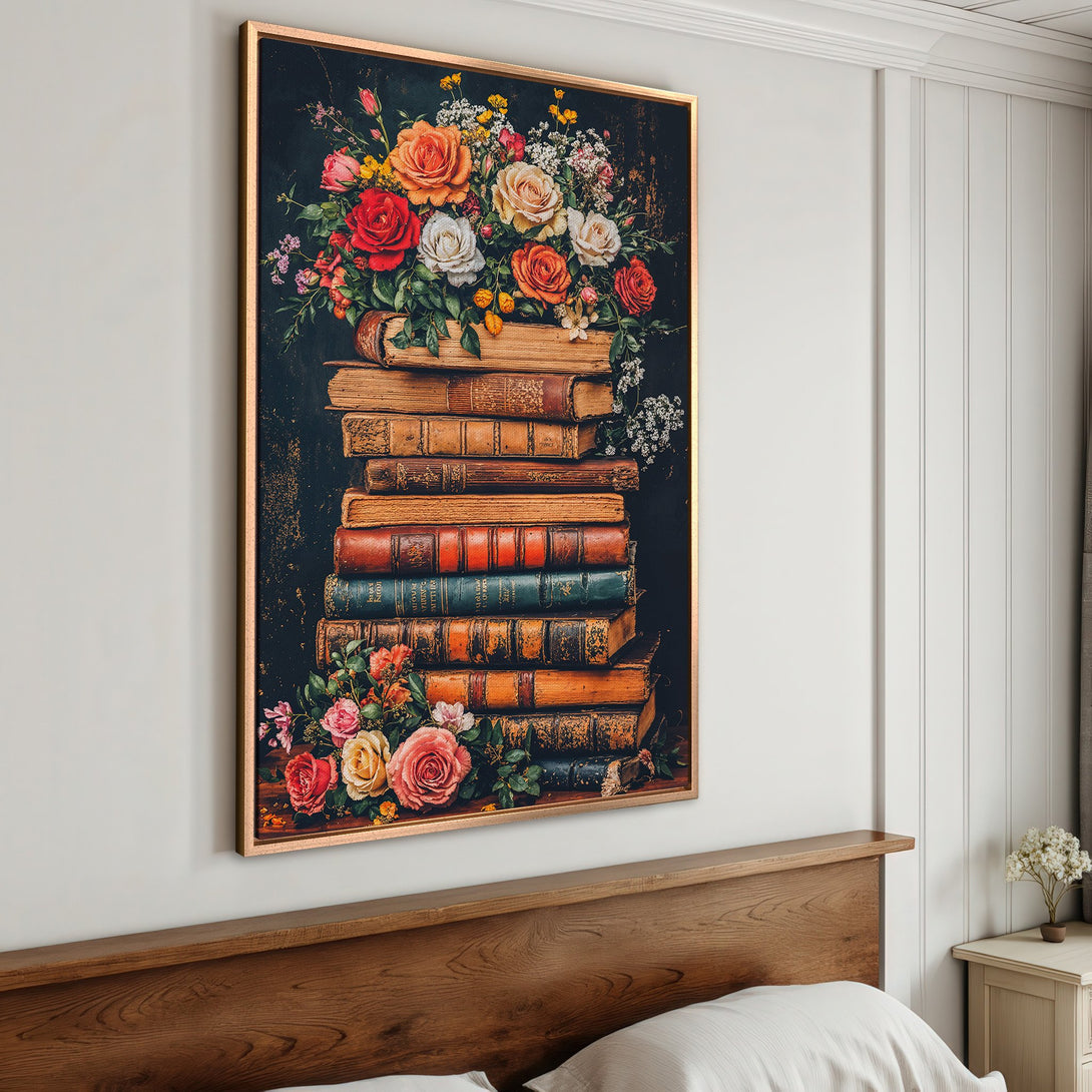 Framed Wall Art: Vintage floral print with roses and books. Warm, rich color palette. Perfect for adding a touch of classic elegance to any room.