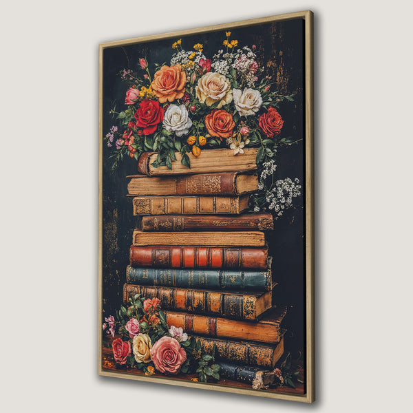 Framed Wall Art: Vintage floral still life with roses atop a stack of old books. Warm, rustic color palette with red, orange, and cream blooms against a dark background.