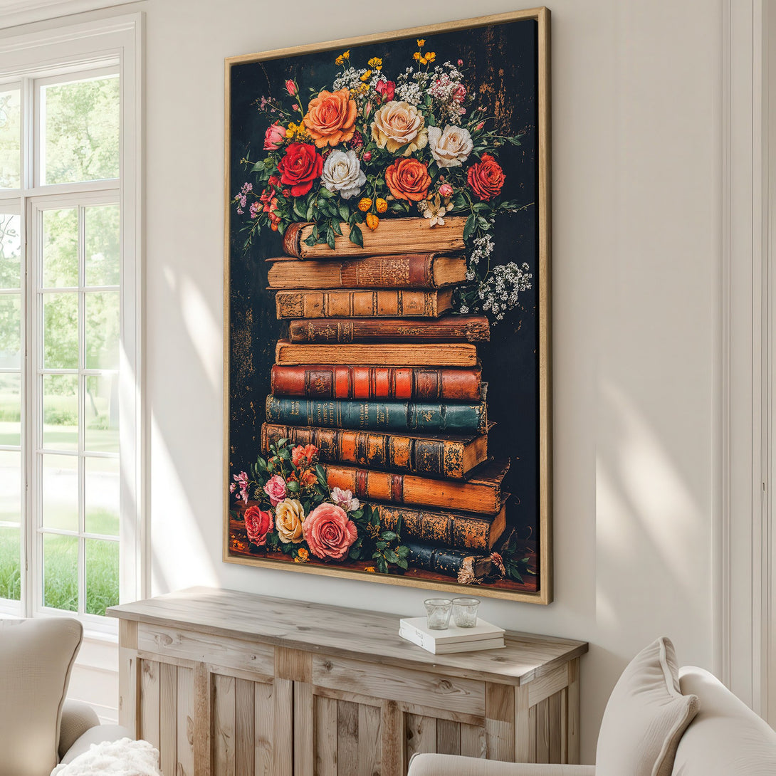 Framed Wall Art featuring a floral still life atop old books. Rustic, vintage style with a warm, rich color palette of reds, oranges, and browns.