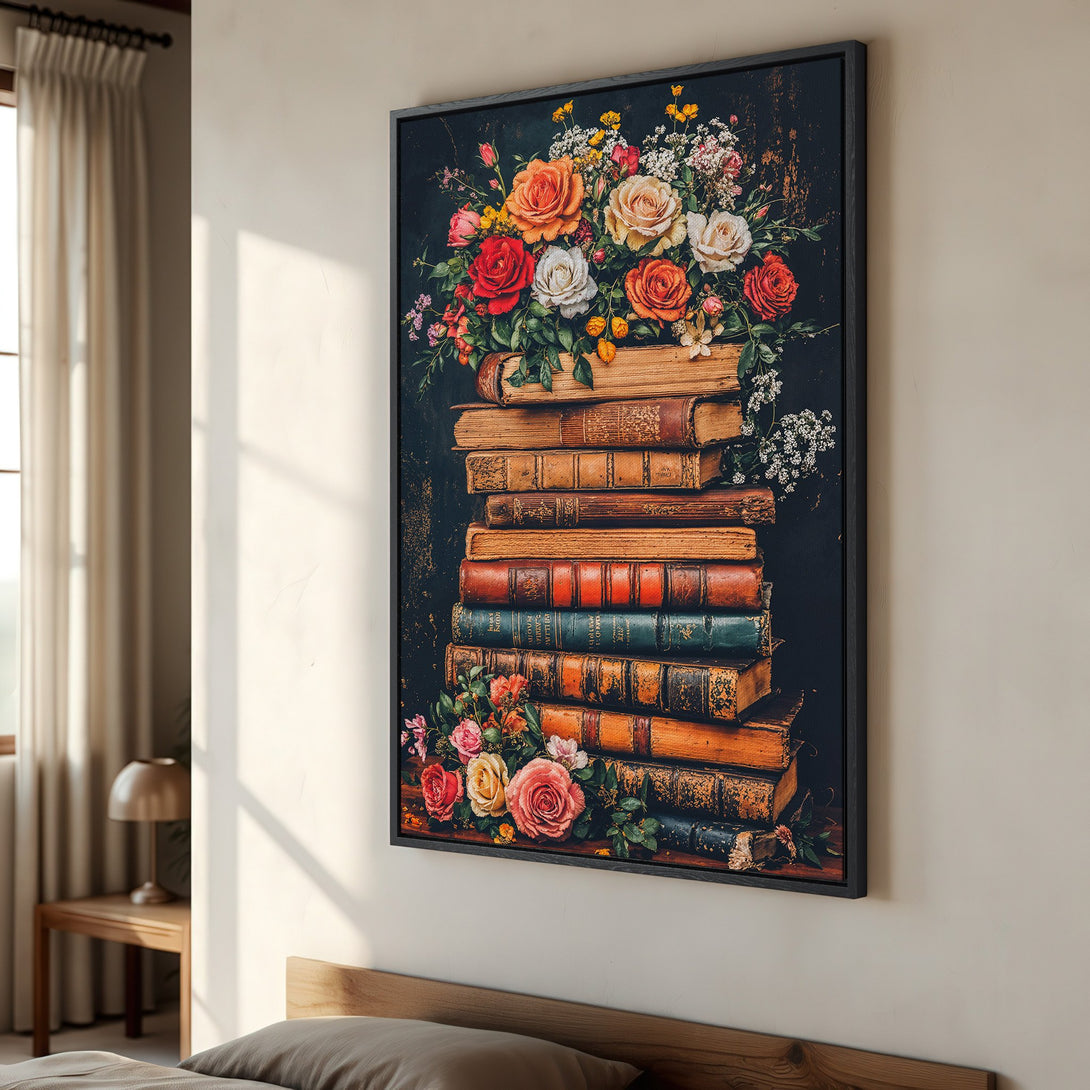 Framed Wall Art: Vintage floral print with roses atop a stack of books. Warm, rustic color palette adds charm to any room. Shop now!