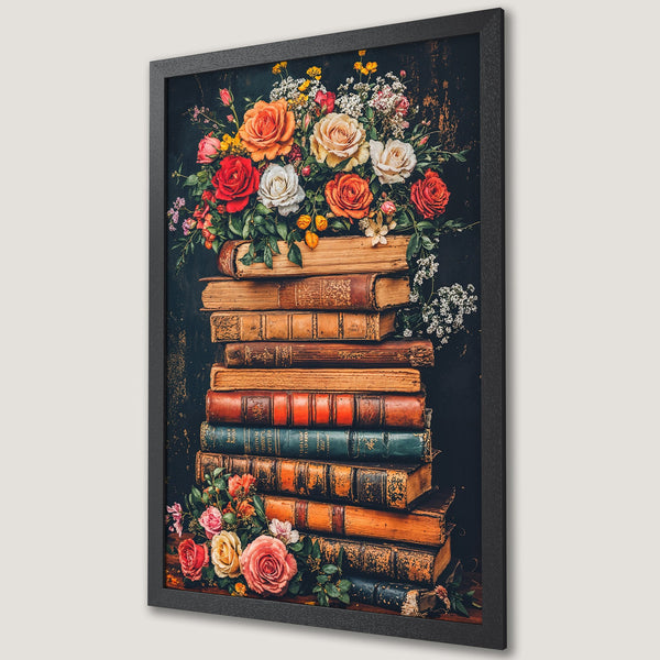 Framed Poster featuring a stack of old books topped with vibrant roses, in a dark, vintage style with warm, earthy tones.