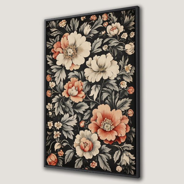Framed Wall Art featuring a floral design with large peonies in a vintage style. The color palette includes black, cream, and coral tones, perfect for home decor.
