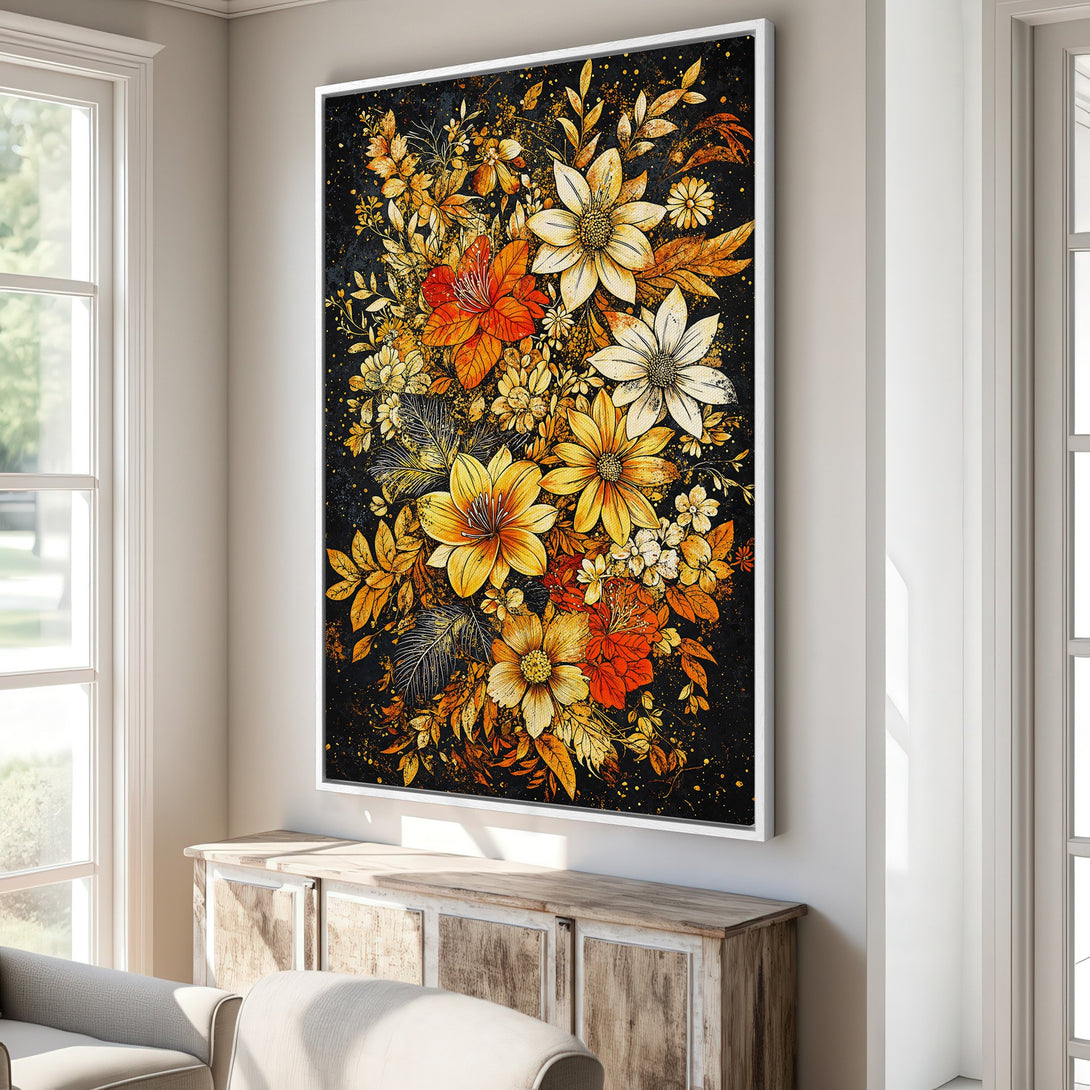 Framed Wall Art: Stunning floral Canvas Print in warm gold, orange, and black. Perfect for adding a touch of elegance and style to your home decor.