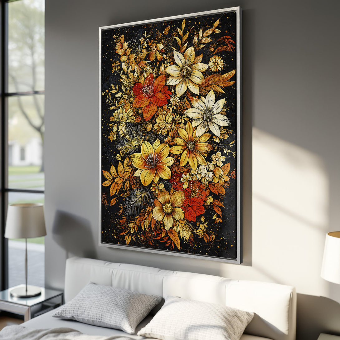 Framed Wall Art: Stunning floral Canvas Print in warm gold, orange, and red hues against a black background. Perfect for adding elegance to any room.