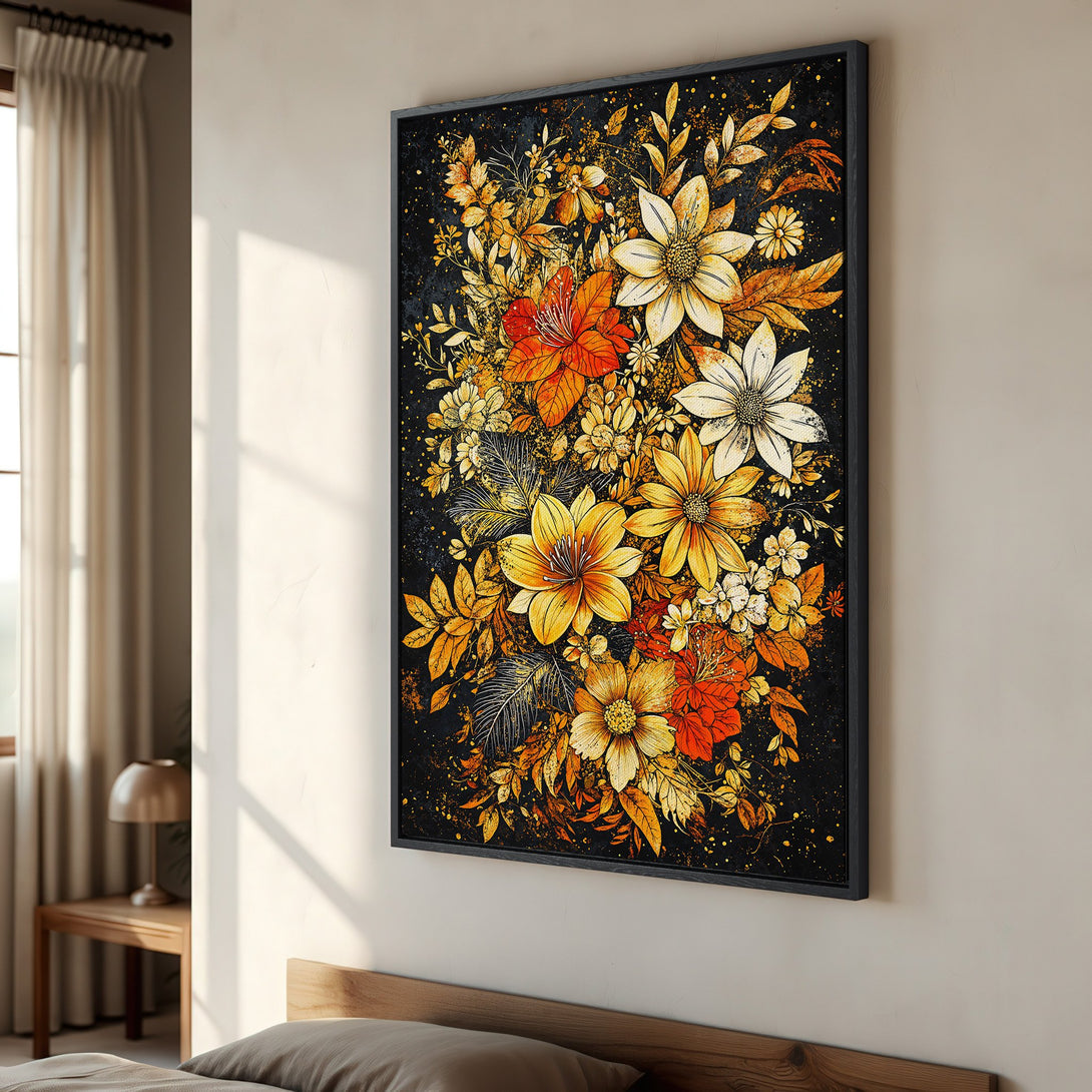 Framed Wall Art featuring a vibrant floral arrangement in warm orange, yellow, and gold tones against a black background. Perfect for adding a touch of elegance.