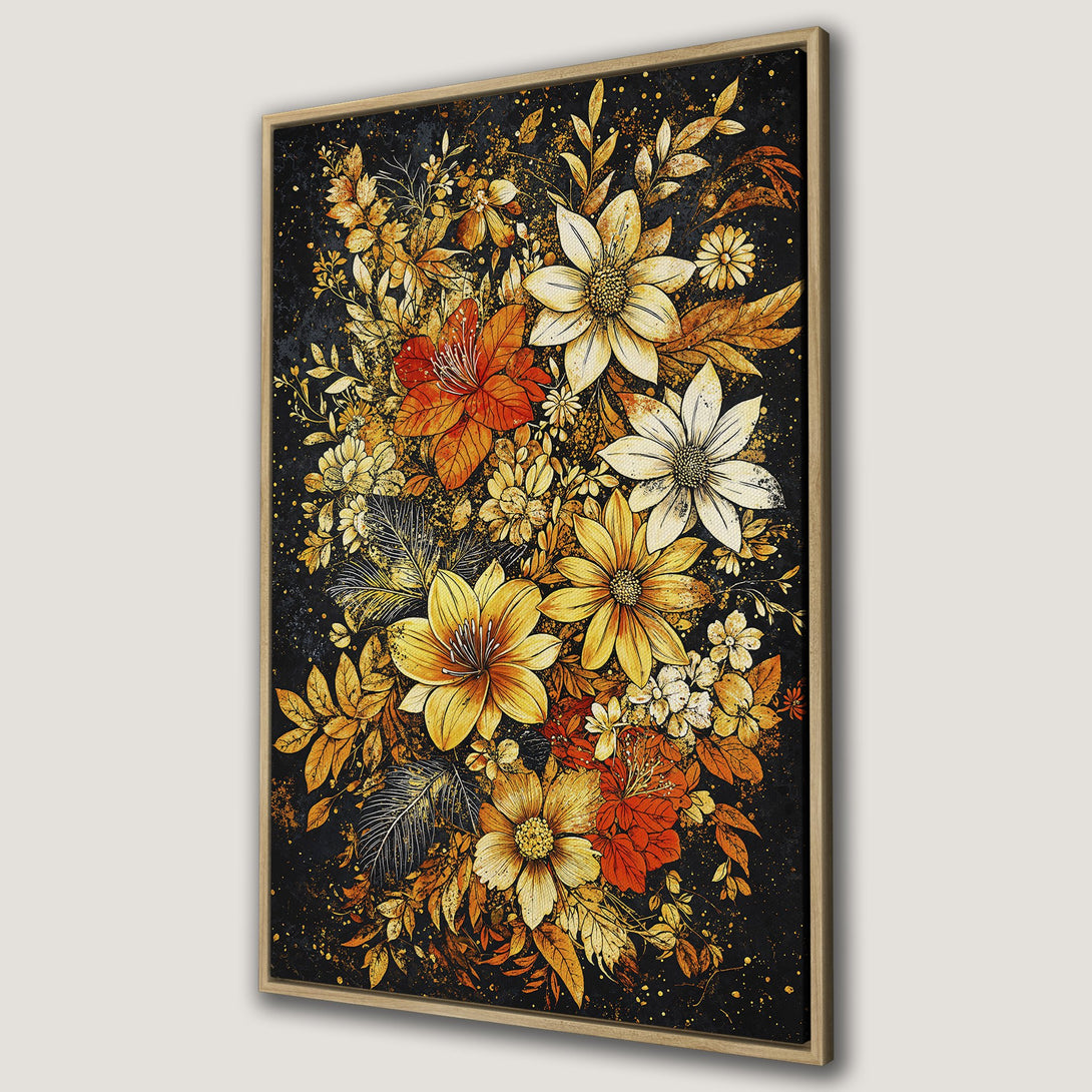 Framed Wall Art featuring a stunning floral arrangement in warm gold, orange, and yellow hues against a dark background. Perfect for adding elegance to any space.