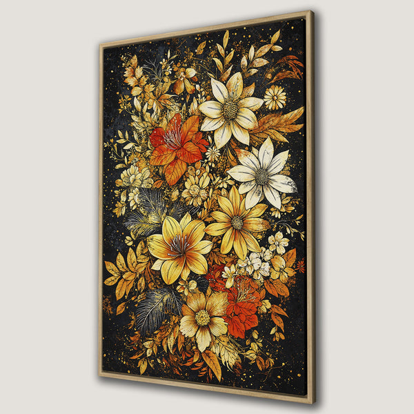 Framed Wall Art featuring a stunning floral arrangement in warm gold, orange, and yellow hues against a dark background. Perfect for adding elegance to any space.