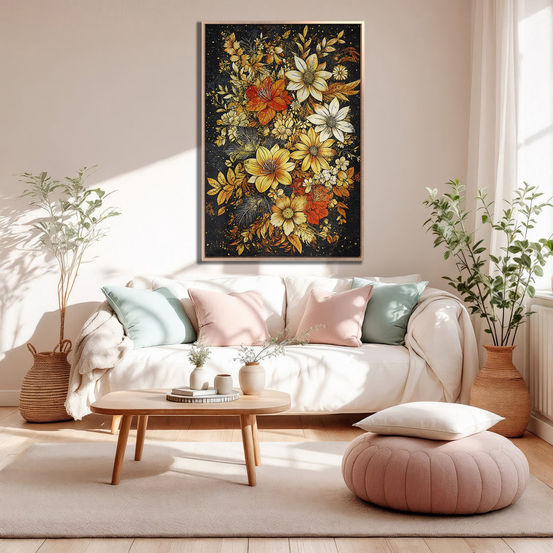 Framed Wall Art of vibrant floral arrangement in warm gold, orange, and yellow tones. Modern decor for living room.