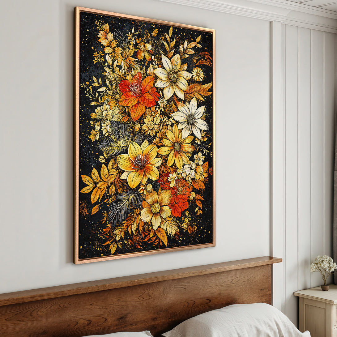 Framed Wall Art featuring a vibrant floral design in a warm yellow, orange, and gold color palette. Adds a touch of elegance to any room.