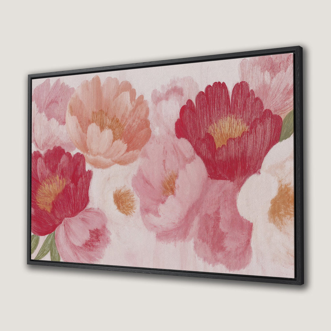 Framed Wall Art featuring watercolor floral design in pink and red hues. Add a touch of elegance to your space with this beautiful Canvas Print.
