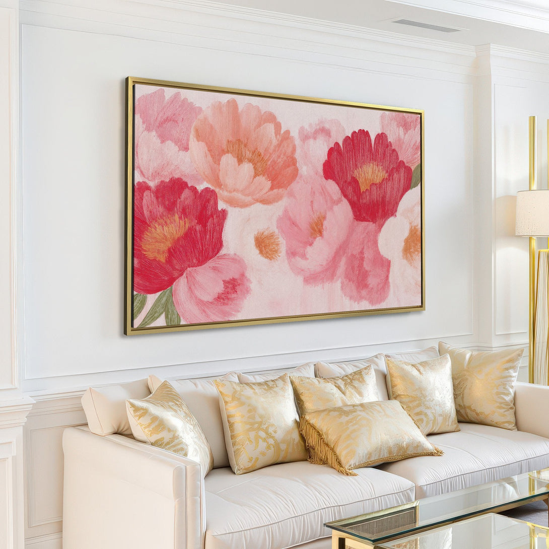 Canvas Print of floral art in a modern interior. Features large pink and red peony flowers on a neutral background. Adds a touch of elegance.