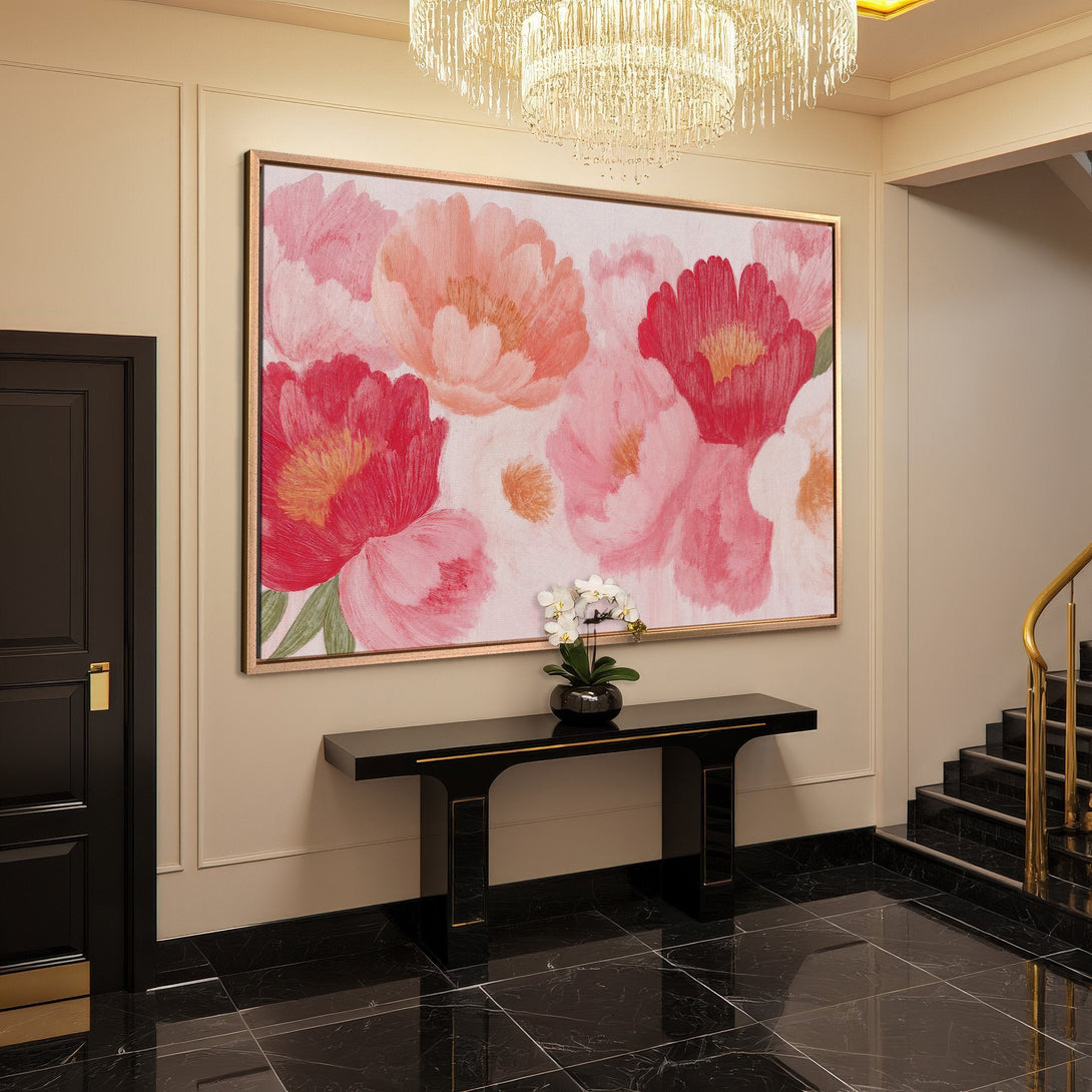 Framed Wall Art featuring vibrant floral painting in pink and red hues. Perfect for adding a touch of elegance to any space.