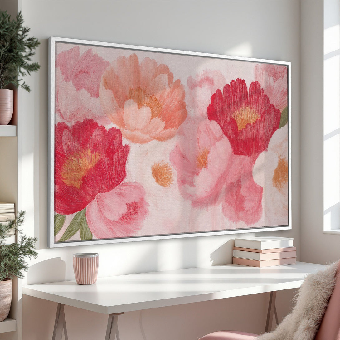 Framed Wall Art of vibrant floral painting in pink and red hues. Modern, elegant style for your home decor. Canvas Print ready to hang!