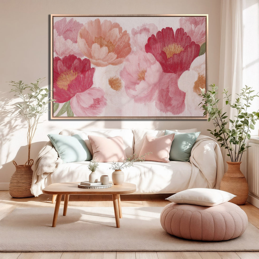 Framed Wall Art featuring a floral watercolor painting in pink and red hues, perfect for adding a touch of elegance to any living room.