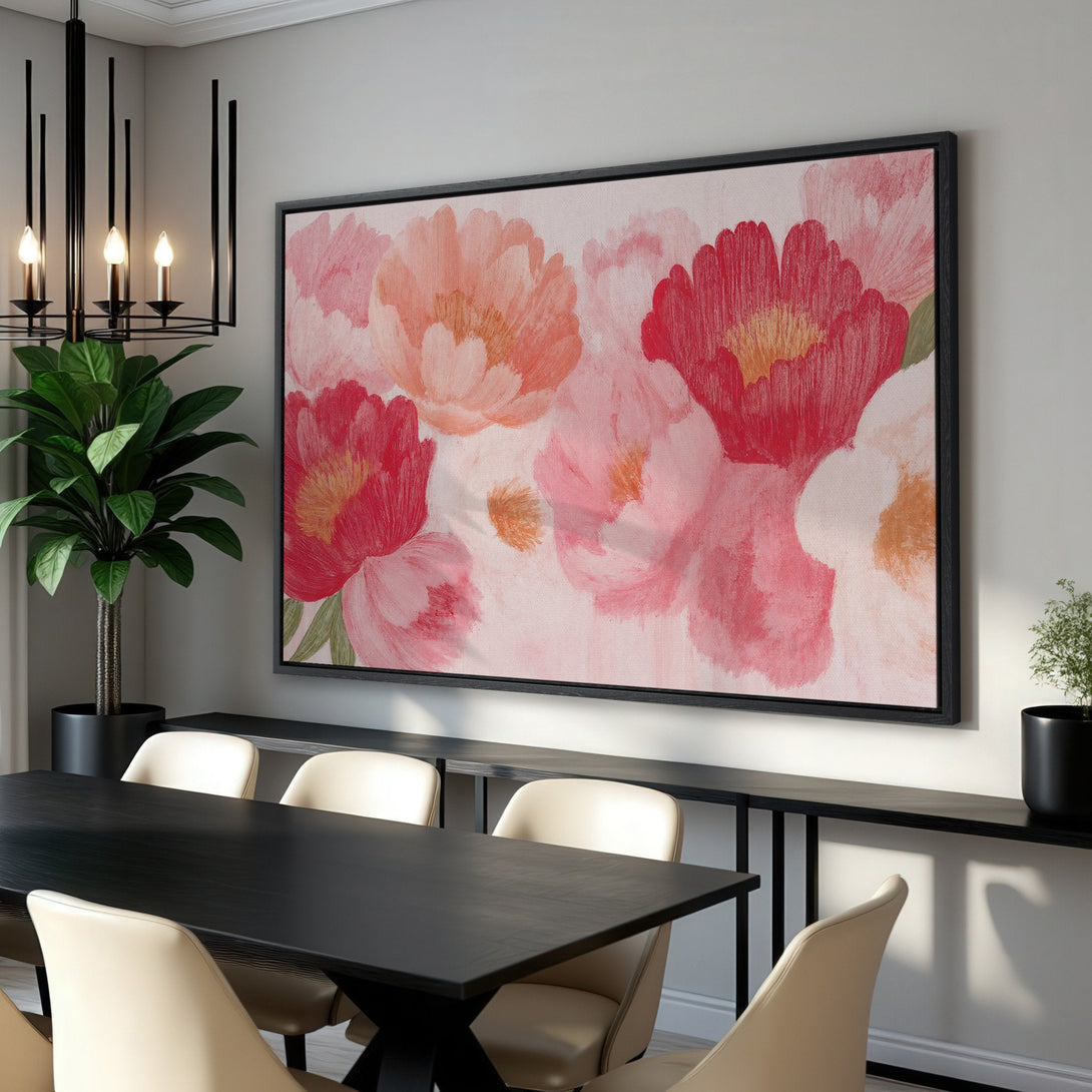 Framed Wall Art featuring abstract floral art in a modern dining room. Pink and red watercolor-style flowers on a canvas print, perfect for home decor.