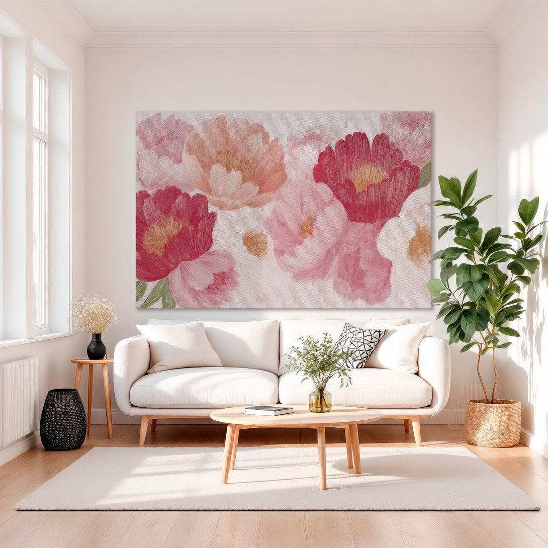 Framed Wall Art featuring vibrant floral design in a soft pink and red color palette. Perfect for adding a touch of elegance to your home decor.