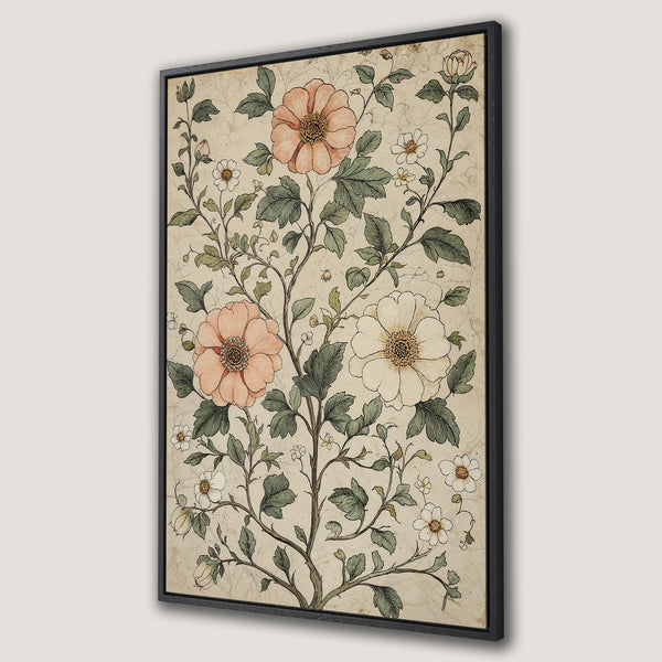 Framed Wall Art featuring a vintage floral design in a neutral color palette with pops of peach and green, perfect for adding a touch of elegance.