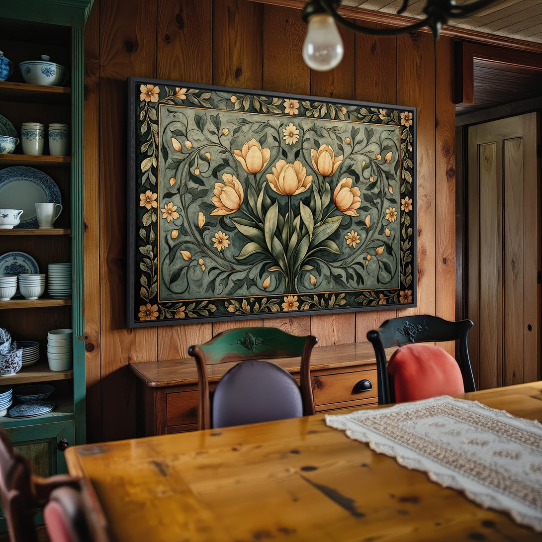 Framed Wall Art featuring floral design in a vintage style, showcasing a muted green and gold color palette. Perfect for adding elegance to any room.