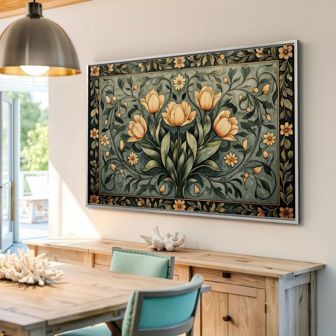 Framed Wall Art featuring a floral botanical print with a vintage style and a muted green and gold color palette, perfect for home decor.