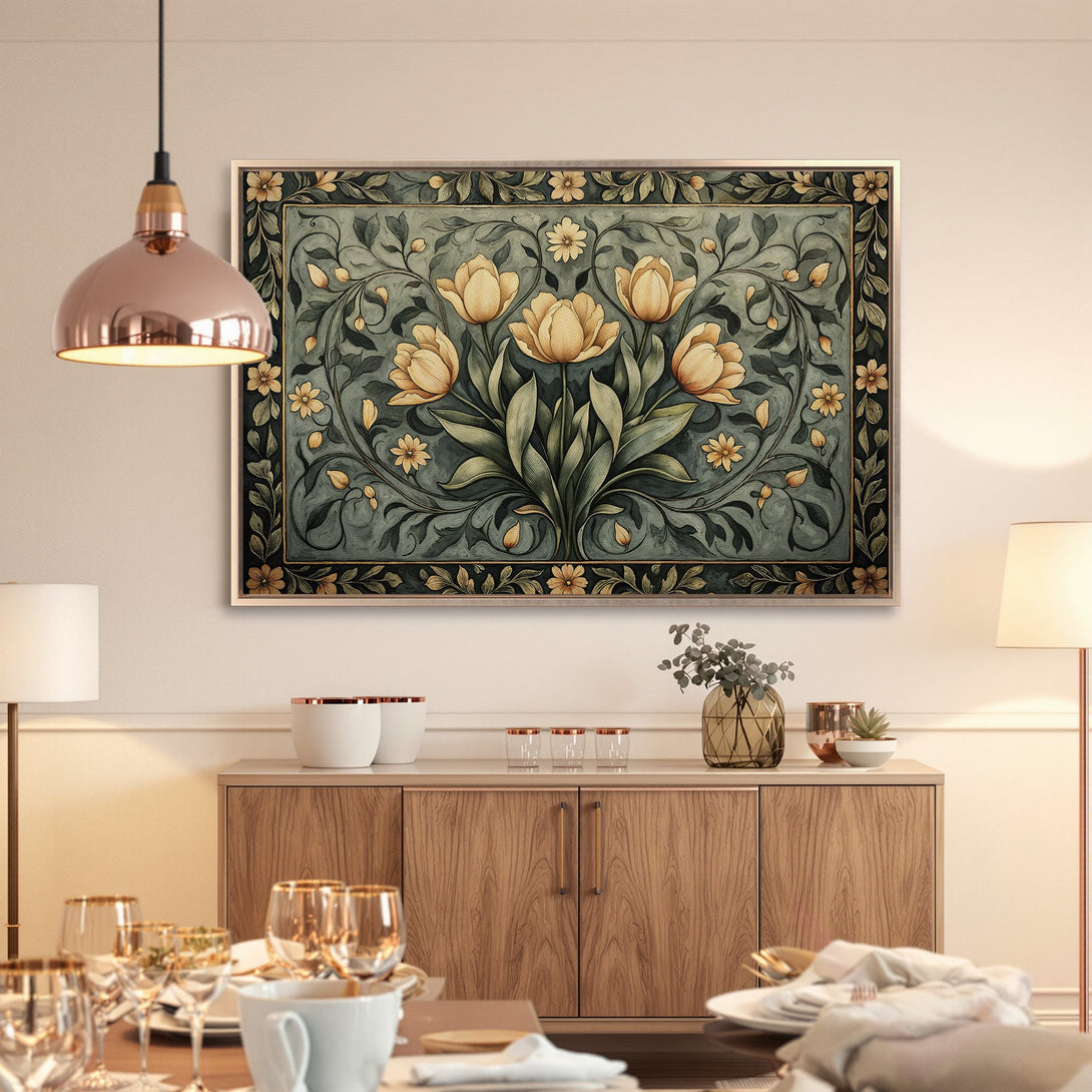 Framed Wall Art featuring floral design in teal, gold, and green. Perfect for adding a touch of elegance to your dining room. Shop now!