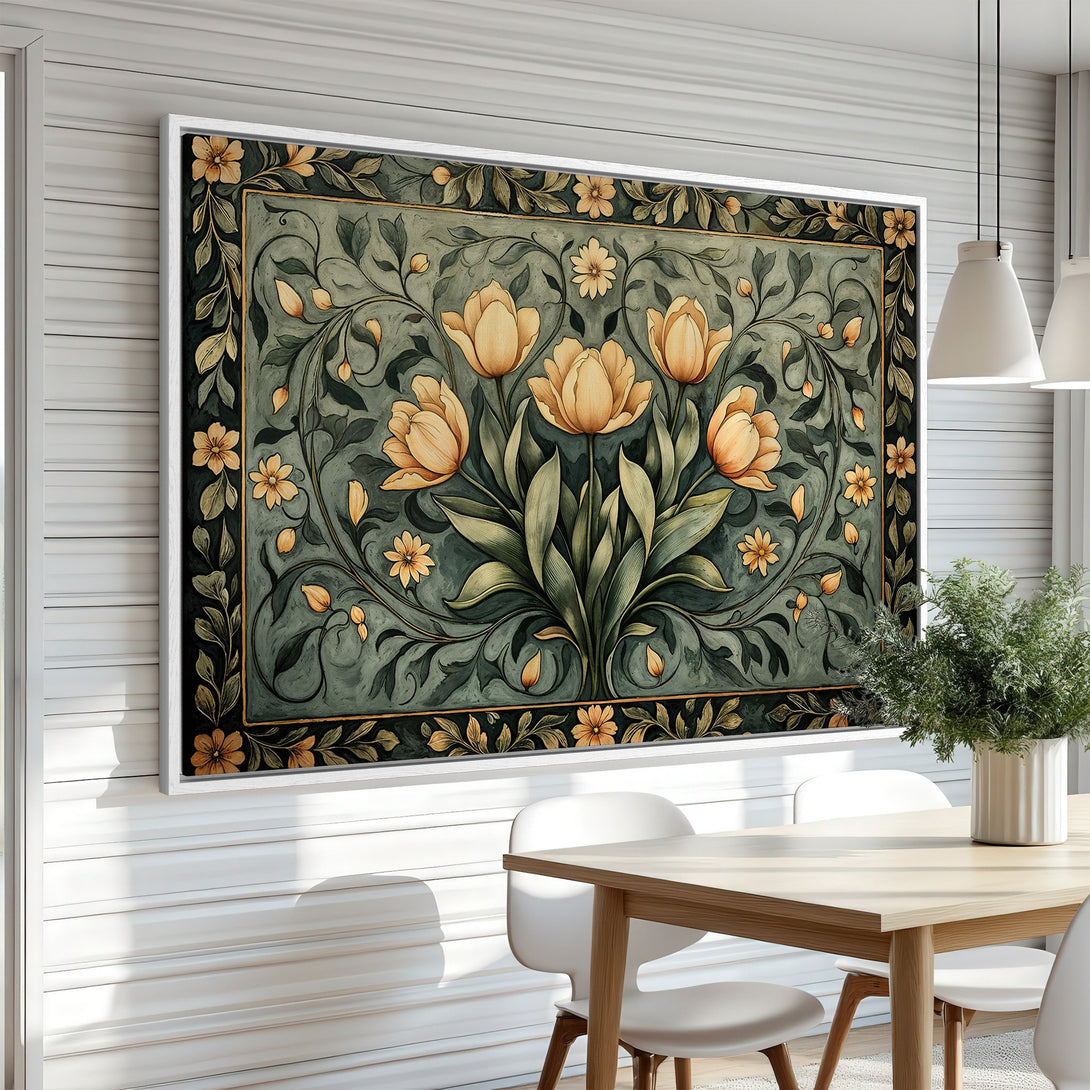 Framed Wall Art featuring a floral design with yellow tulips on a teal background. Adds a touch of vintage elegance to any room.