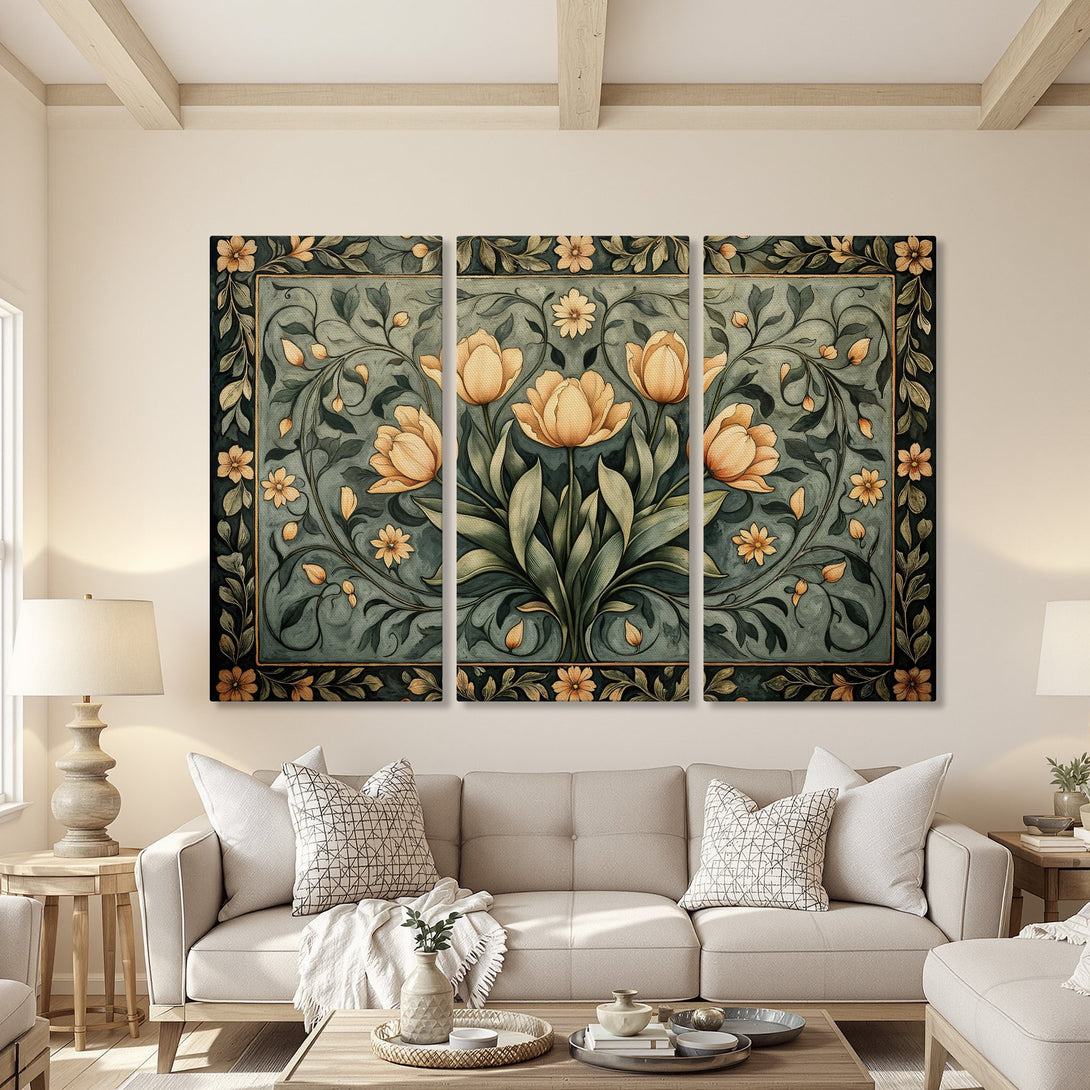 Canvas Print featuring floral artwork in a vintage style. Earthy tones of green, gold, and beige create a warm, inviting ambiance. Perfect wall art for your home!