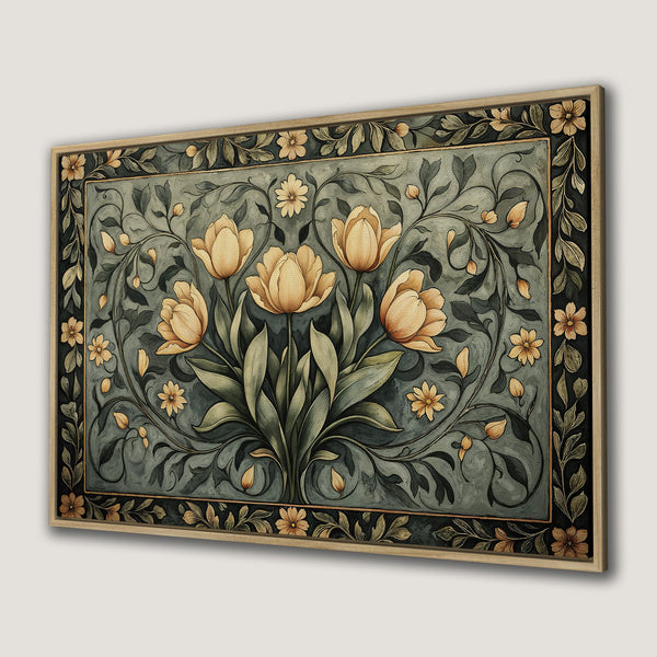 Framed Wall Art featuring floral design with tulips, in a vintage style. Earthy tones of green, gold, and black create a timeless aesthetic.