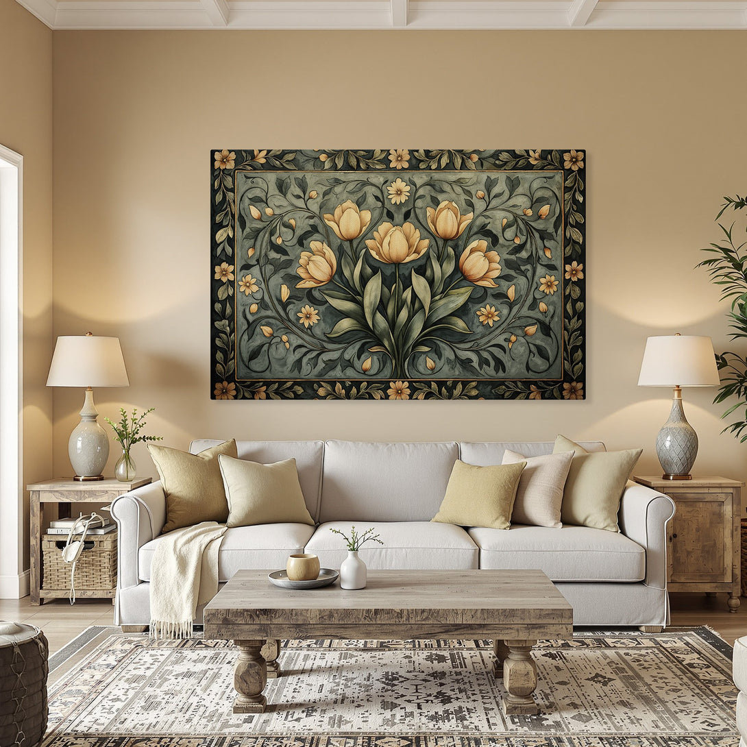 Framed Wall Art: Floral Canvas Print in a dining room. Features a vintage botanical design in teal, gold, and muted earth tones. Perfect for adding elegance.