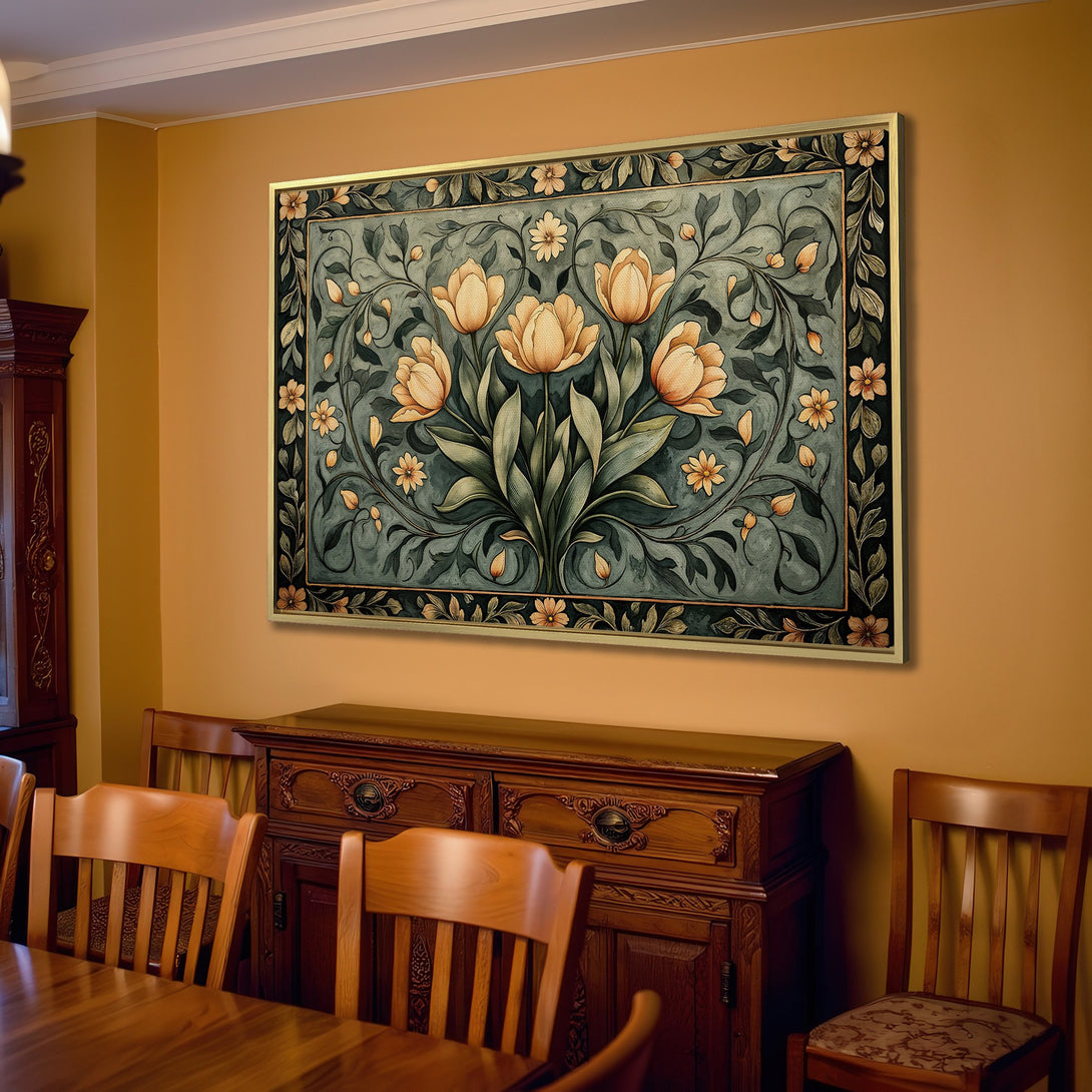 Framed Wall Art: Floral canvas print in muted green and gold tones, displayed in a cozy living room setting. Perfect for adding a touch of elegance.