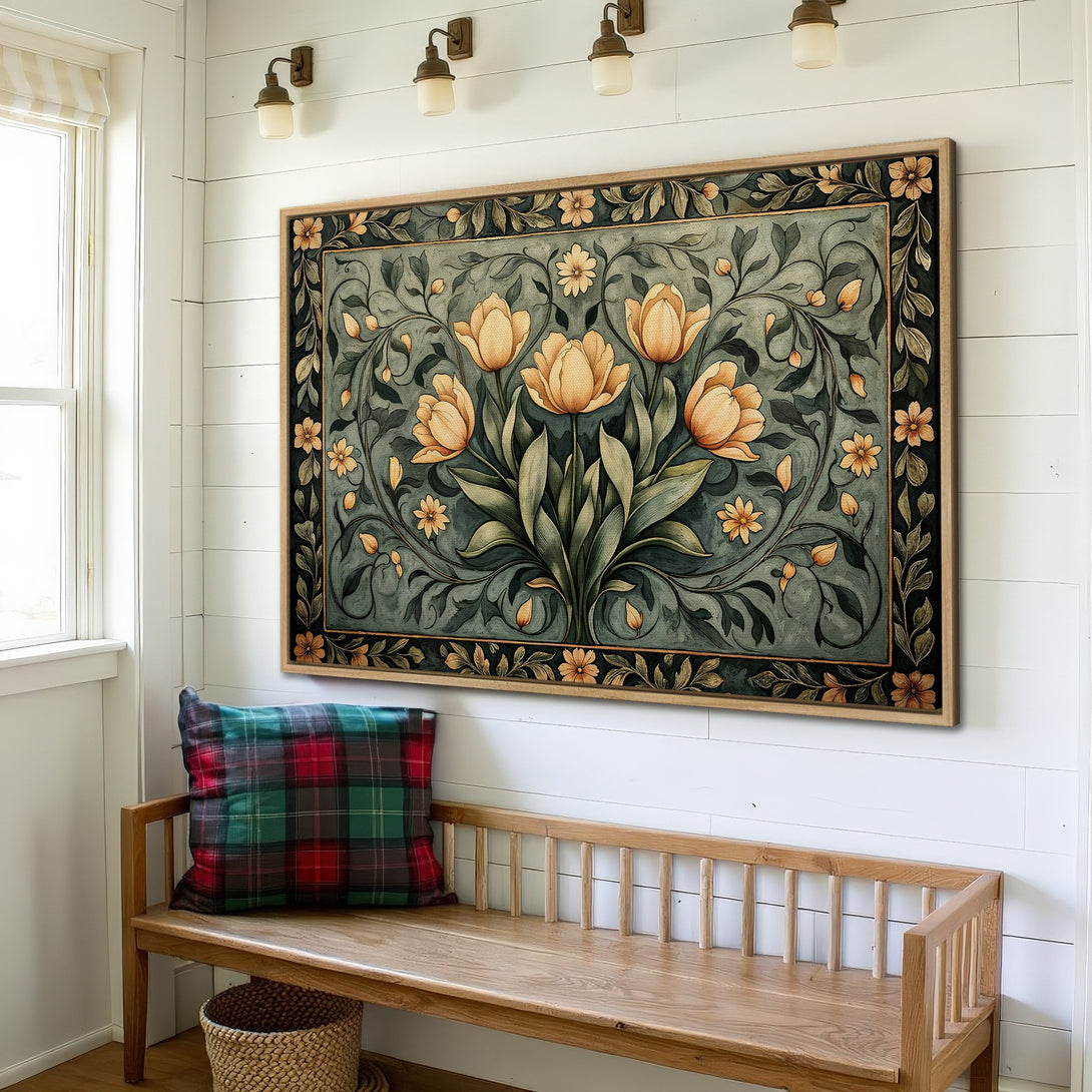 Framed Wall Art featuring floral design in muted greens and golds. Elegant canvas print adds a touch of nature-inspired art to any home decor.