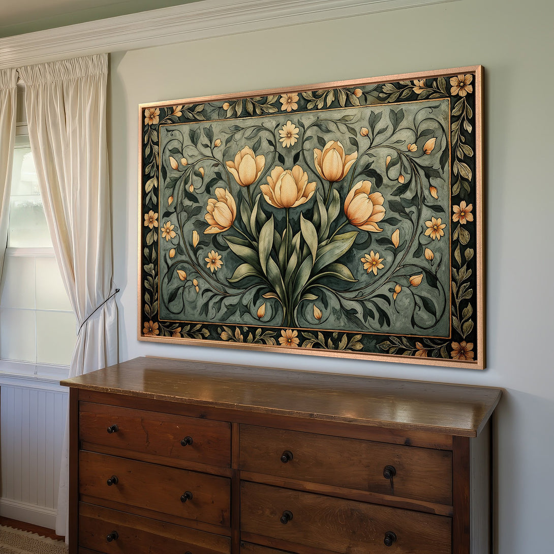 Framed Wall Art: Floral Canvas Print in muted greens and golds. Perfect for adding vintage charm to your home decor.