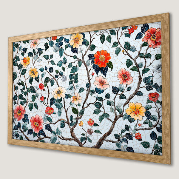 Framed Poster featuring a floral mosaic design with vibrant red, orange, and yellow flowers. Botanical art in a warm color palette.