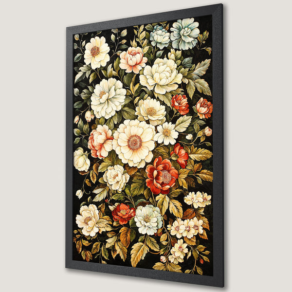 Framed Poster featuring a floral watercolor design with a dark background, showcasing a vintage style and a warm color palette.