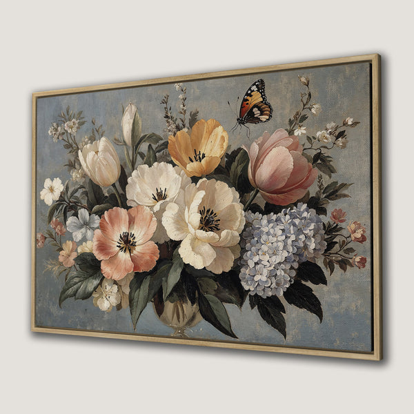 Framed Wall Art: Vintage floral still life Canvas Print with butterfly. Pastel color palette, classic style for elegant home decor.