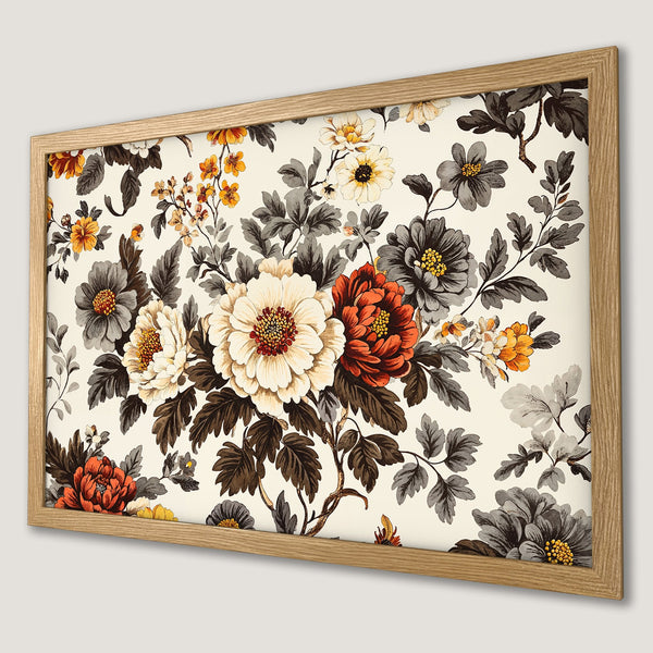 Framed Poster featuring a vintage floral design in warm tones of orange, cream, and gray. Perfect wall art!