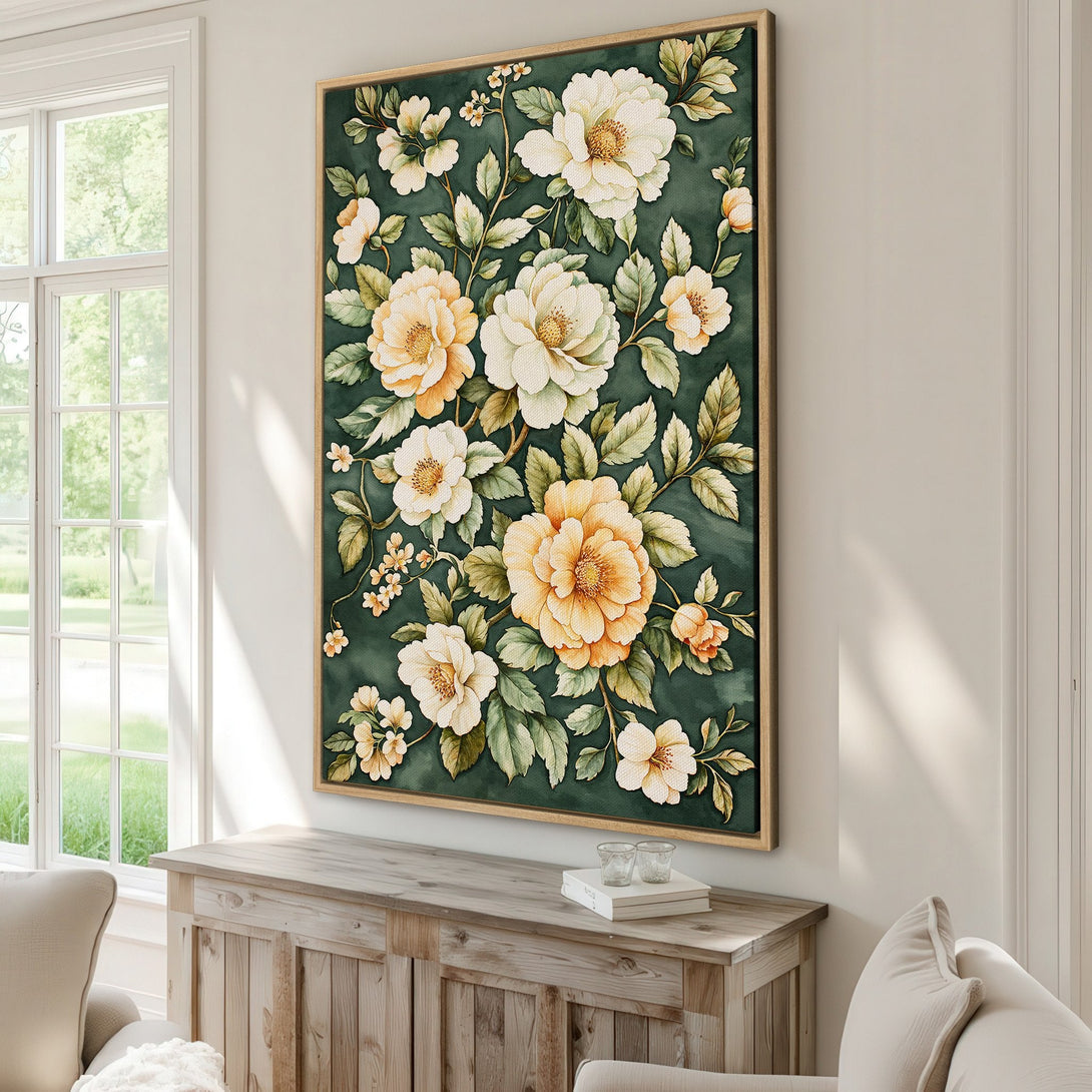 Framed Wall Art featuring a floral watercolor design. Elegant botanical art in a green, cream, and yellow palette. Perfect for adding a touch of nature to your home decor.