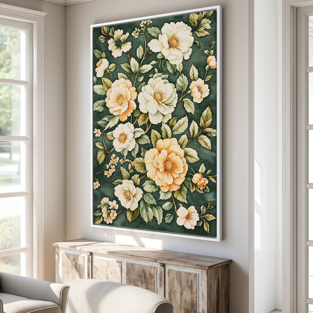 Framed Wall Art featuring watercolor floral design. Elegant botanical print with cream and yellow flowers against a deep green backdrop. Perfect for home decor!